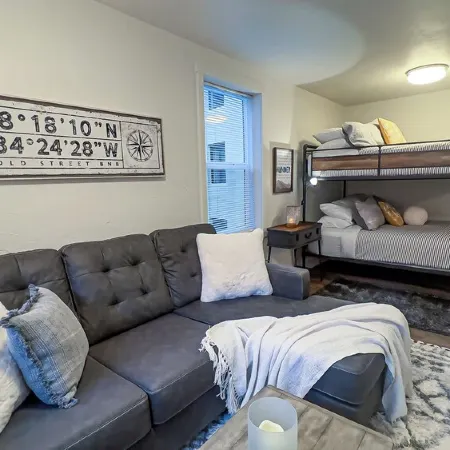 Downtown Studio apartment with queen sized bunk beds.
