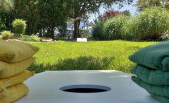 a white table with a hole in the middle is sitting in the middle of a grassy area at Colonial Beach Plaza Bed & Breakfast