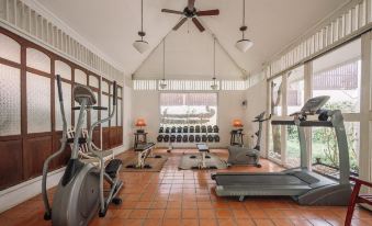 a well - equipped gym with various exercise equipment , including treadmills , stationary bikes , and weight machines , set up in a spacious room at Zantiis Ndol Villas