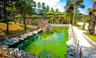 a lush green landscape with a small pond surrounded by rocks and trees , creating a serene atmosphere at The Waterway Villa