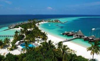 a tropical beach with clear blue water , white sand , and palm trees , as well as several boats docked in the ocean at Safari Island