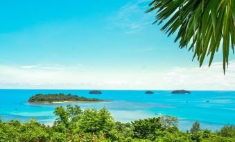 a tropical landscape with palm trees , clear blue water , and islands in the distance under a sunny sky at Top Resort