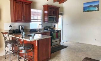 a kitchen with wooden cabinets , a stainless steel stove and oven , and a refrigerator in the background at Ocean View Villas