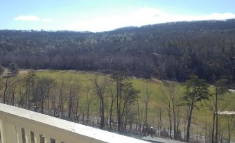 a view of a field with trees and mountains in the background from a balcony at Creekside Village