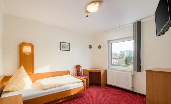 a hotel room with a red carpeted floor , a wooden bed , and a window looking out onto a cityscape at Hotel zur Post