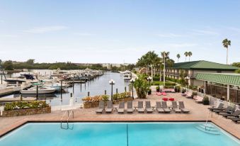 a swimming pool surrounded by lounge chairs and a dock with boats , under a clear blue sky at Ramada by Wyndham Sarasota Waterfront