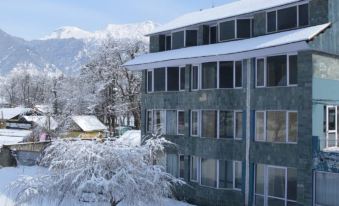 a large building with a green roof is surrounded by snow and trees , with mountains in the background at WoodStock Hotel