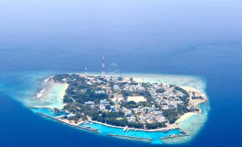 aerial view of a small island with a power plant , surrounded by water and mountains at The Beehive