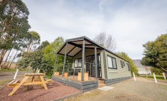 a small wooden house surrounded by trees , with a deck and a fire pit in the yard at Big4 Breeze Holiday Parks - Eildon