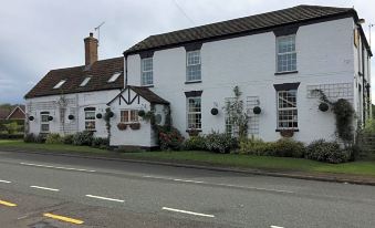 a white building with a row of windows and potted plants on the side of a road at The Red Lion Inn