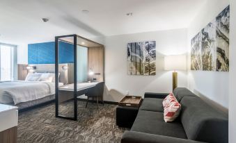 a modern hotel room with a large bed , couch , and a mirror on the wall at SpringHill Suites Oklahoma City Downtown/Bricktown