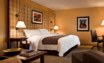 a well - lit hotel room with a king - sized bed , a couch , and a tv . the room is decorated in neutral colors , at DoubleTree by Hilton Hotel Cincinnati Airport