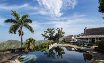 a large pool surrounded by palm trees , with a house in the background and mountains in the background at Strawberry Hill