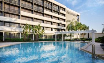 "a large swimming pool is located in front of a hotel with the sign "" sheraton ""." at Sheraton Orlando North Hotel