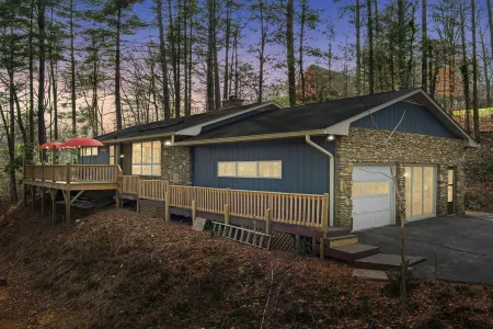 10 min to Asheville, private 2 acres w/ huge deck and sleeps 10!
