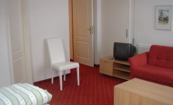 a room with a white chair , red carpet , and a flat - screen tv on a wooden stand at Hotel Residence