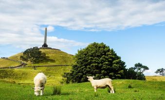 two sheep grazing in a grassy field with a tall stone monument in the background at Quest Highbrook