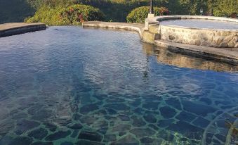 a large swimming pool with a stone floor and a stone wall , surrounded by lush greenery at Hacienda Los Molinos Boutique Hotel & Villas