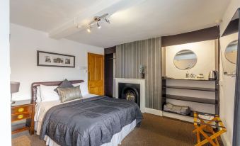 a cozy bedroom with a fireplace , a bed with a gray comforter , and a dresser at The Forest Lodge