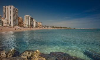 a beach scene with a rocky shoreline and a city skyline in the background , under a blue sky at Estudios RH Vinaros