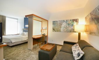 a modern hotel room with a large bed , couch , and desk , along with artwork on the walls at SpringHill Suites Grand Forks