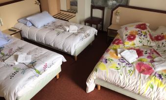 a hotel room with three beds , one on the left , one in the middle , and one on the right at Myosotis