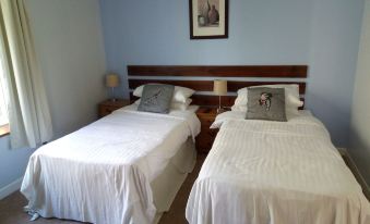 a hotel room with two beds , one on the left and one on the right side of the room at Bartles Lodge
