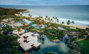 aerial view of a tropical resort with multiple pools , water slides , and palm trees near the ocean at Grand Hyatt Kauai Resort and Spa