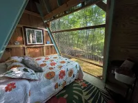 Charming A-frame cabin set in the woods overlooking deep wooded ravines.