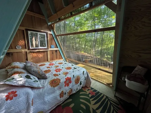 Charming A-frame cabin set in the woods overlooking deep wooded ravines.