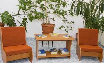 a room with two chairs and a table with books , plants , and a potted plant at Hotel Terra