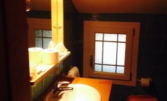 a bathroom with a sink , toilet , and mirror , as well as a window with curtains at Hotel Aurora