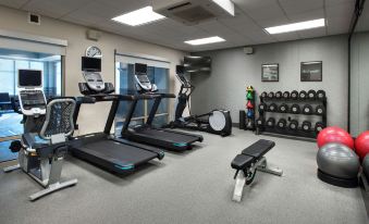 a gym with various exercise equipment , including treadmills and weight machines , in a well - lit room at Homewood Suites by Hilton Newburgh-Stewart Airport