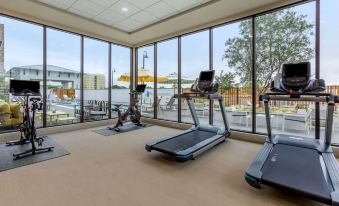 a gym with a treadmill and stationary bike in front of large windows that offer views of the outdoors at Hotel Centro Sonoma Wine Country, Tapestry by Hilton