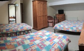 a bedroom with two beds , a wooden dresser , and a television mounted on the wall at Sorrel Horse Inn