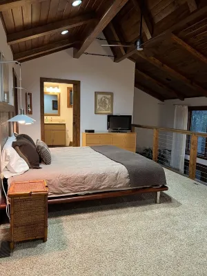 Stunning and private mid-century modern inspired cottage nestled in the woods.