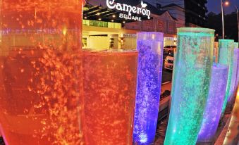 a row of colorful , lit - up fountains in front of a hotel at night , creating a vibrant atmosphere at Nova Highlands Hotel