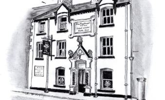 "a black and white sketch of a historic building with a sign that reads "" the baltimore & ohio "" on the roof" at The Feathers