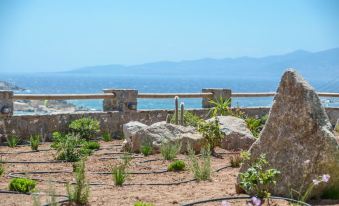 a rocky landscape with a body of water in the background , creating a serene atmosphere at Natura Villas in Naxos