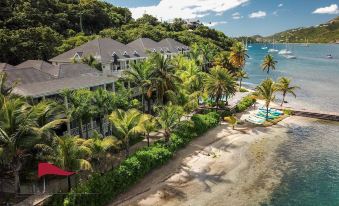 aerial view of a resort on a beach , surrounded by palm trees and a body of water at South Point Antigua