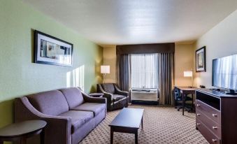 a living room with a couch , chairs , and table is shown next to a window at Cobblestone Hotel & Suites - Erie