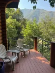 Cozy log cabin secluded in a mountain forest with hot tub, sauna, private patio.