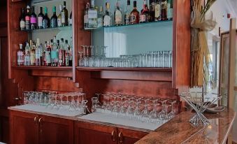 a well - stocked bar with various bottles and glasses , along with a sink and a wooden counter at Hotel President