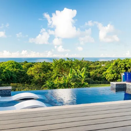 Tiny house on an acre with ocean view and private infinity pool.