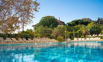 a large outdoor swimming pool surrounded by lush green grass , with several lounge chairs placed around it at Hotel Estoril Eden