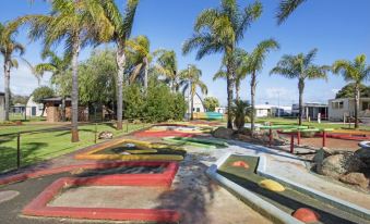 a vibrant , multicolored miniature golf course surrounded by palm trees and a clear blue sky at Discovery Parks - Bunbury