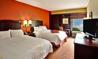 a hotel room with two beds , nightstands , and lamps , as well as an orange wall and balcony view at Hampton Inn Ashland