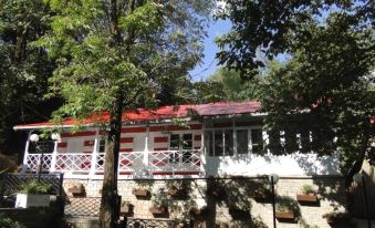 a white house with a red roof and wooden fence is surrounded by trees and bushes at Lockwood Hotel Murree