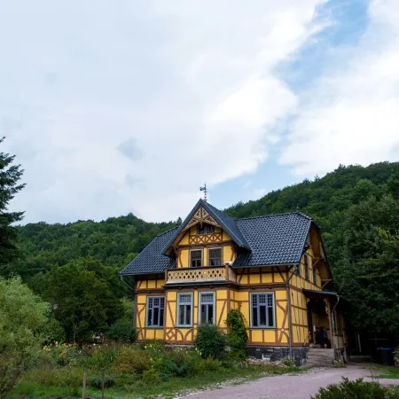 Landhaus Kunterbunt at the forest and river with chicken and sheep in the Thuringian Forest