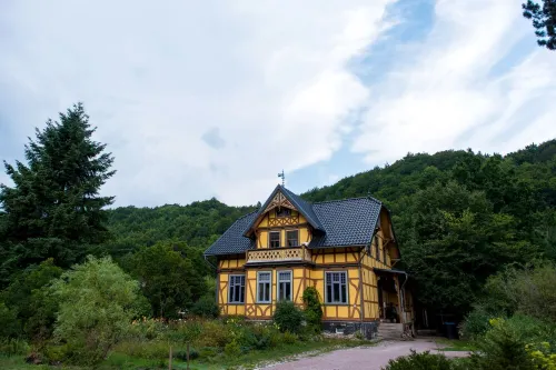 Landhaus Kunterbunt at the forest and river with chicken and sheep in the Thuringian Forest